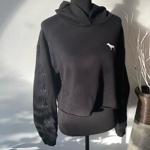 Soft! LIKE NEW, VS PINK Black Cropped Long Sleeve Hoodie with Lace Up Sleeves